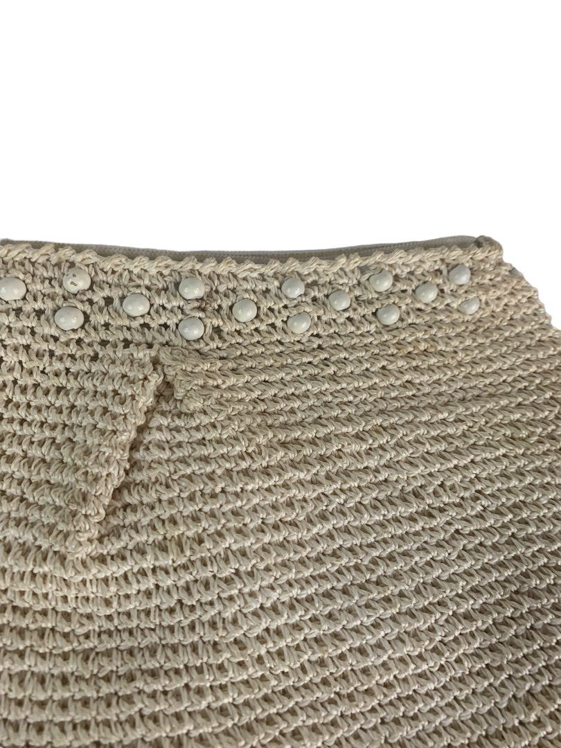 Vintage Crochet Straw and Beaded Off White Zip Top Clutch Bag Made in Japan