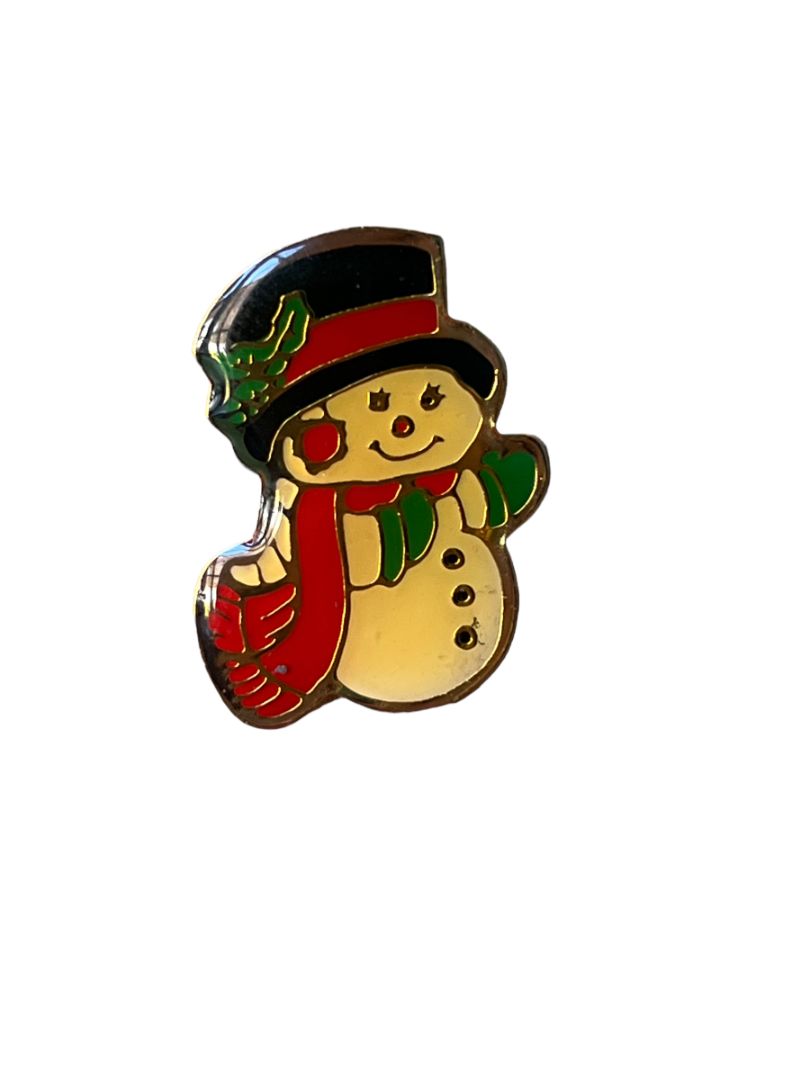 Vintage Snowman Post Lapel Pin Goldtone Metal Resin Coated
