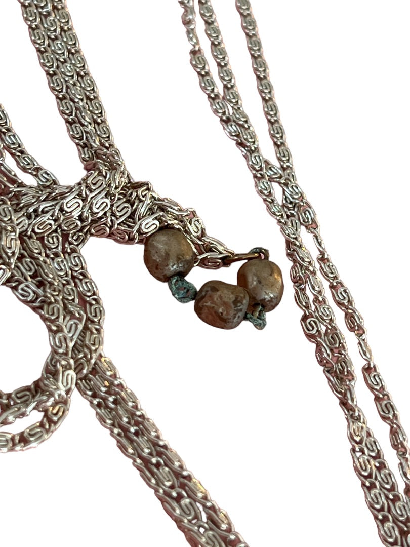 Vintage 55" Three Strand Beaded Necklace Silver Tone Chain Champagne Beads