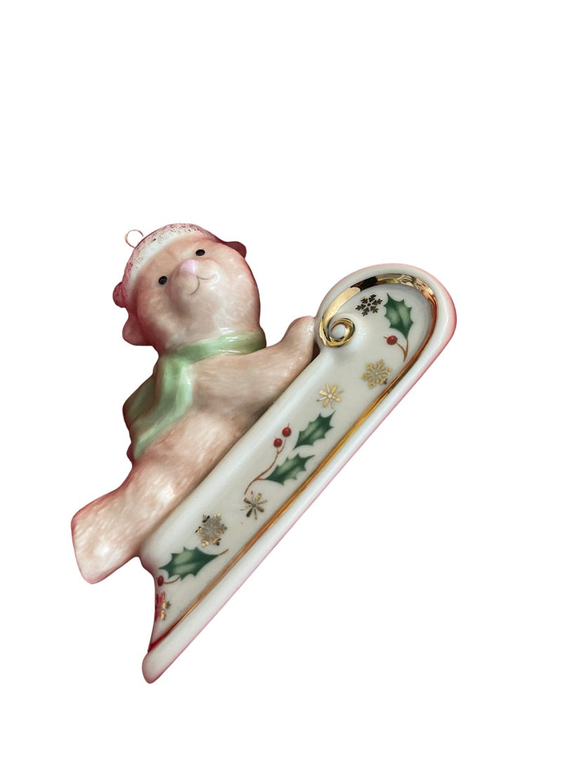 Lenox Sleightime Teddy Bear Sled Ride Holly Ornament Boxed Porcelain