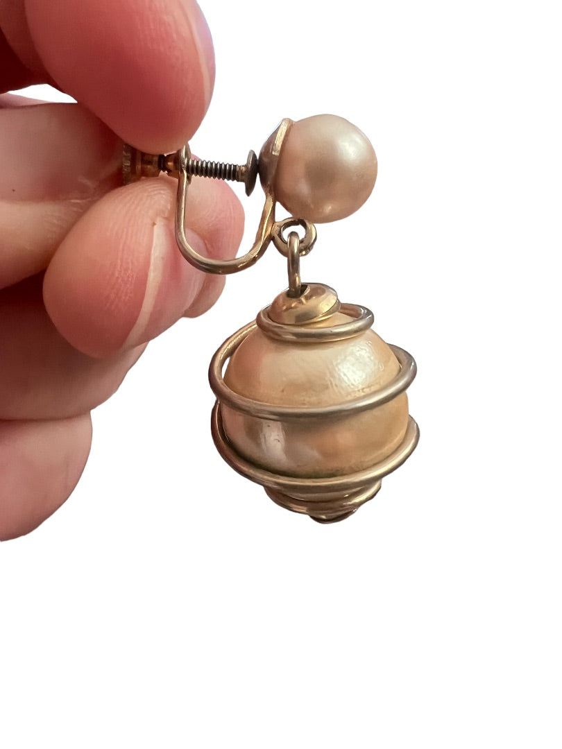 Faux Pearl Dangle Earrings Vintage Metal Coiled 1.5" Drop