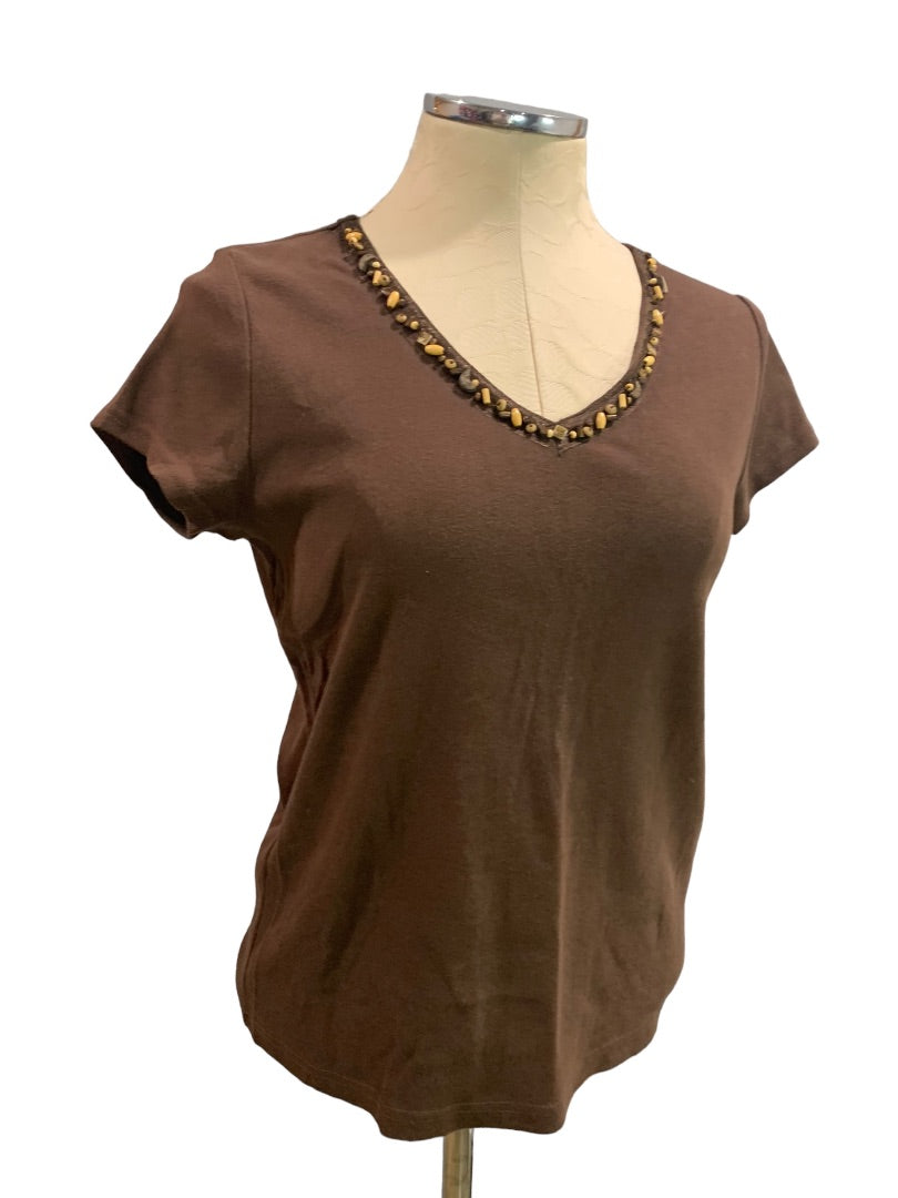 Small First Issue by Liz Claiborne Women's Brown T-shirt Wooden Beaded Neckline