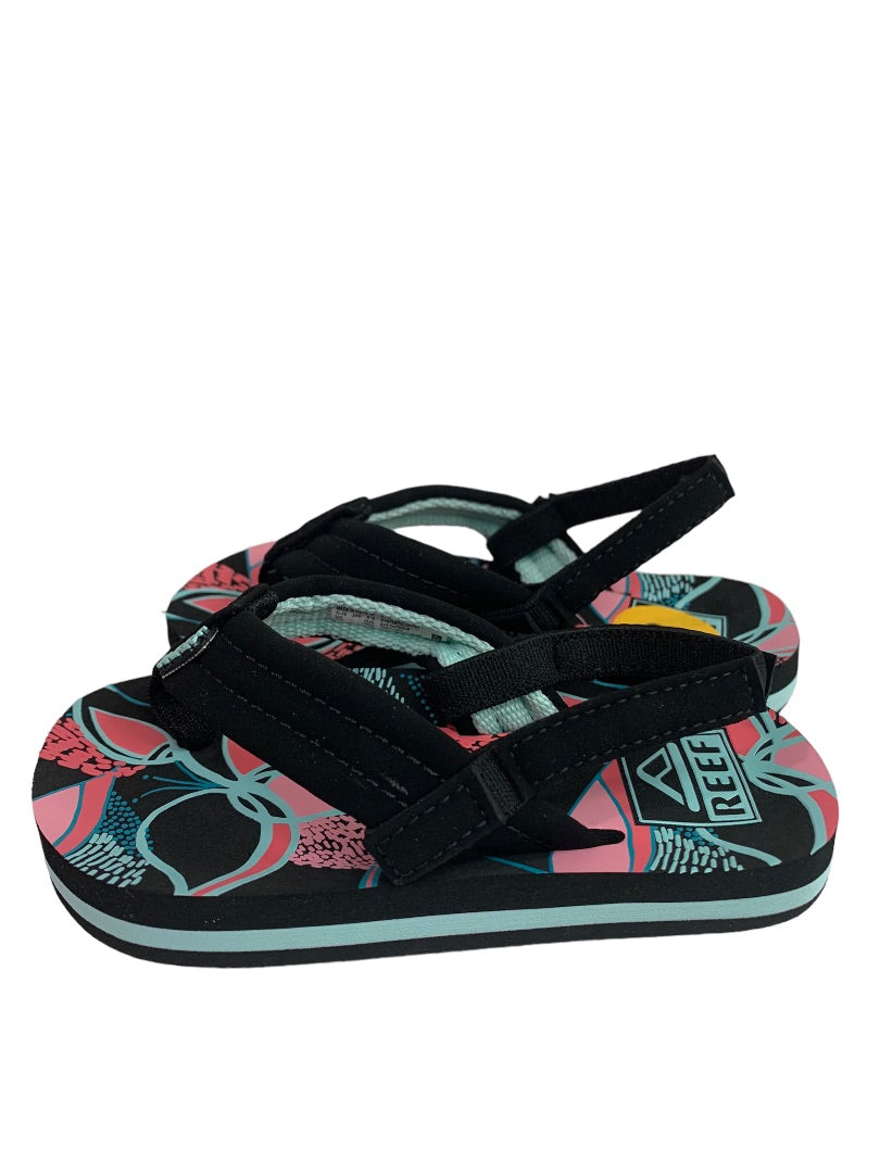 Size 3 (3/4) Kids Reef Little Ahi Sandals Flip Flops Back Strap Black Pink