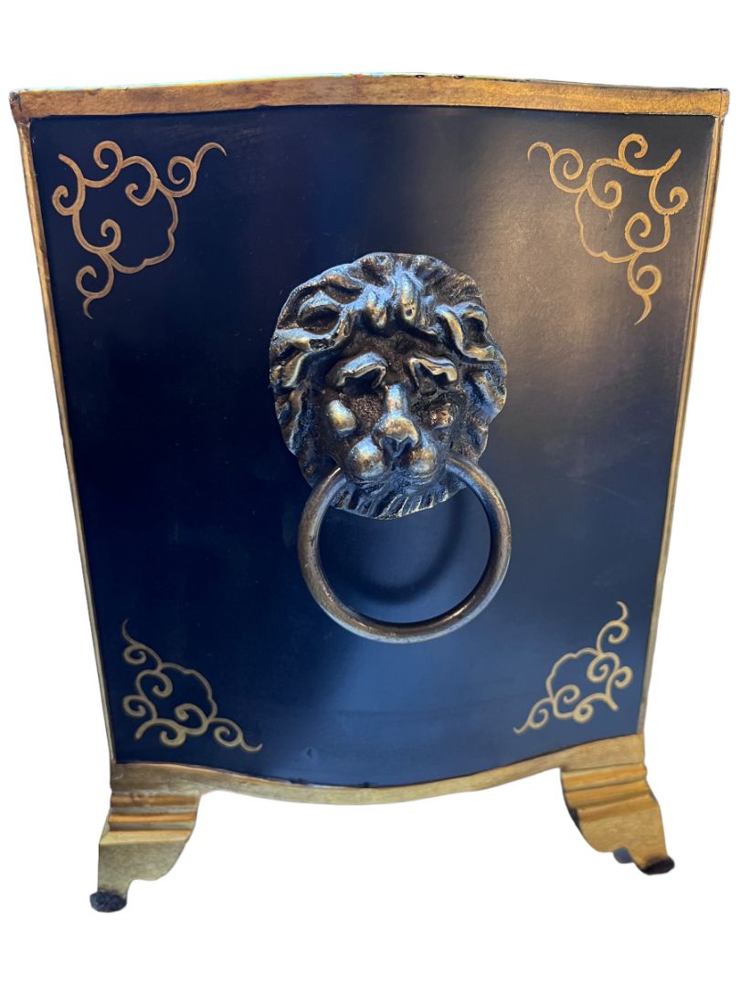 Hand Painted Metal Tole Lion Head Handle Planter Footed By Lotus Arts