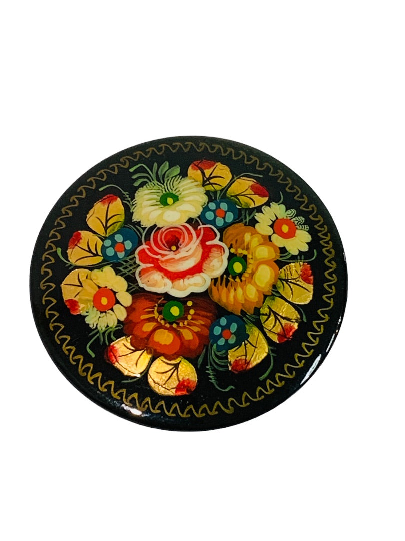Signed Vintage Russian Lacquer Brooch Pin Hand-painted Flowers 2" Diameter