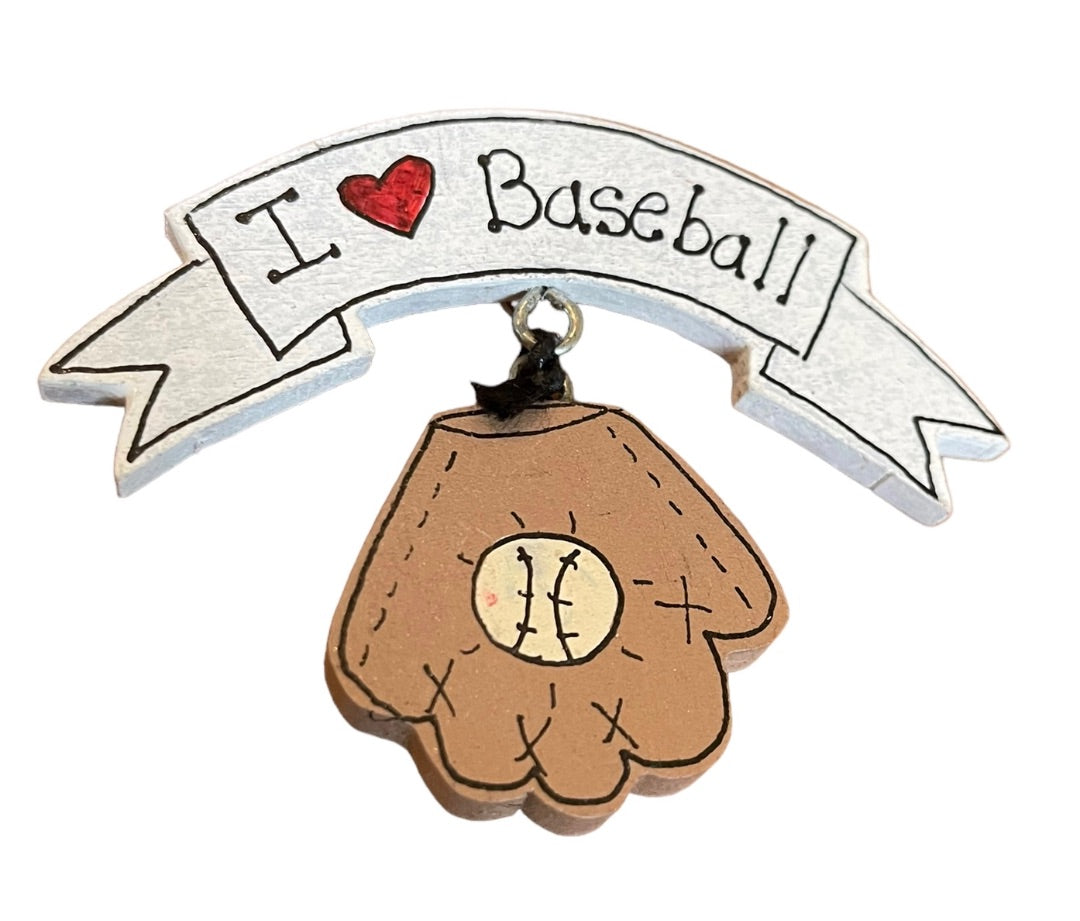 I Love Baseball Hand Painted Pin Glove and Ball Pendant Wooden