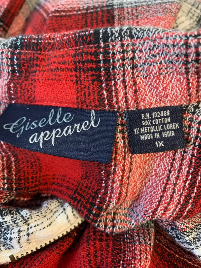1X Giselle Apparel Junior Women's Zip Up Red Metallic Plaid Shirt Collared