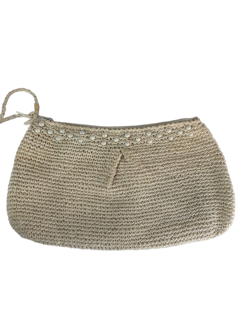 Vintage Crochet Straw and Beaded Off White Zip Top Clutch Bag Made in Japan