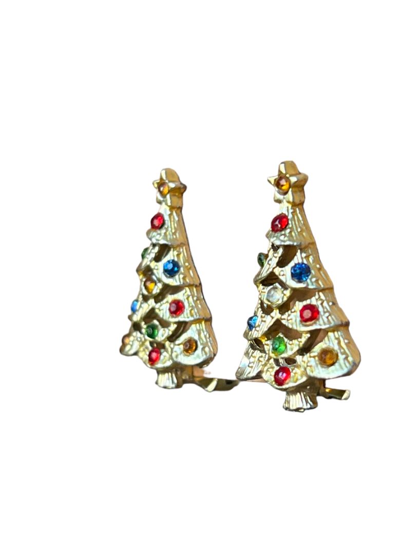 Vintage Christmas Tree Clip On Earrings Goldtone Rhinestone