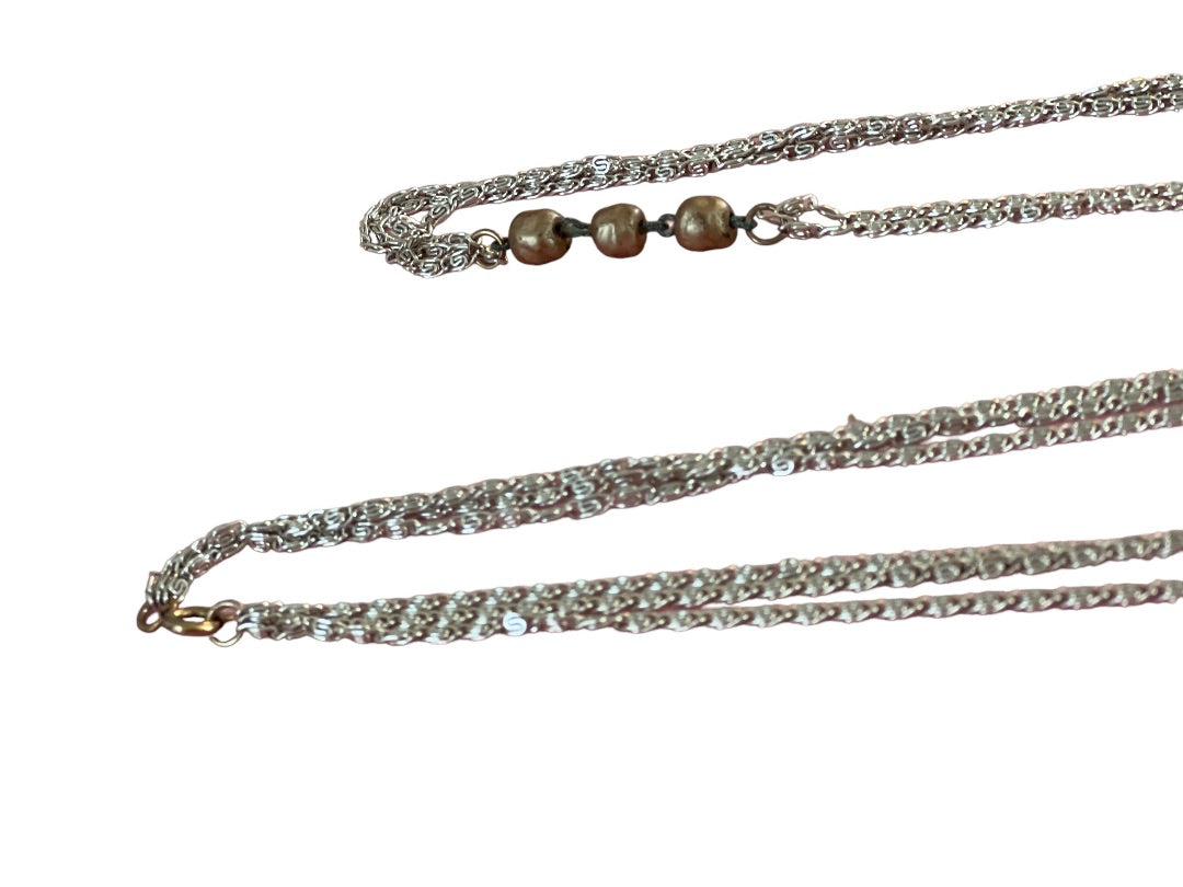 Vintage 55" Three Strand Beaded Necklace Silver Tone Chain Champagne Beads