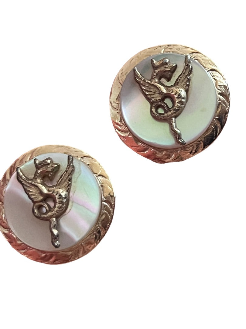 Vintage Mother of Pearl Dragon Gold Tone Round Cufflinks