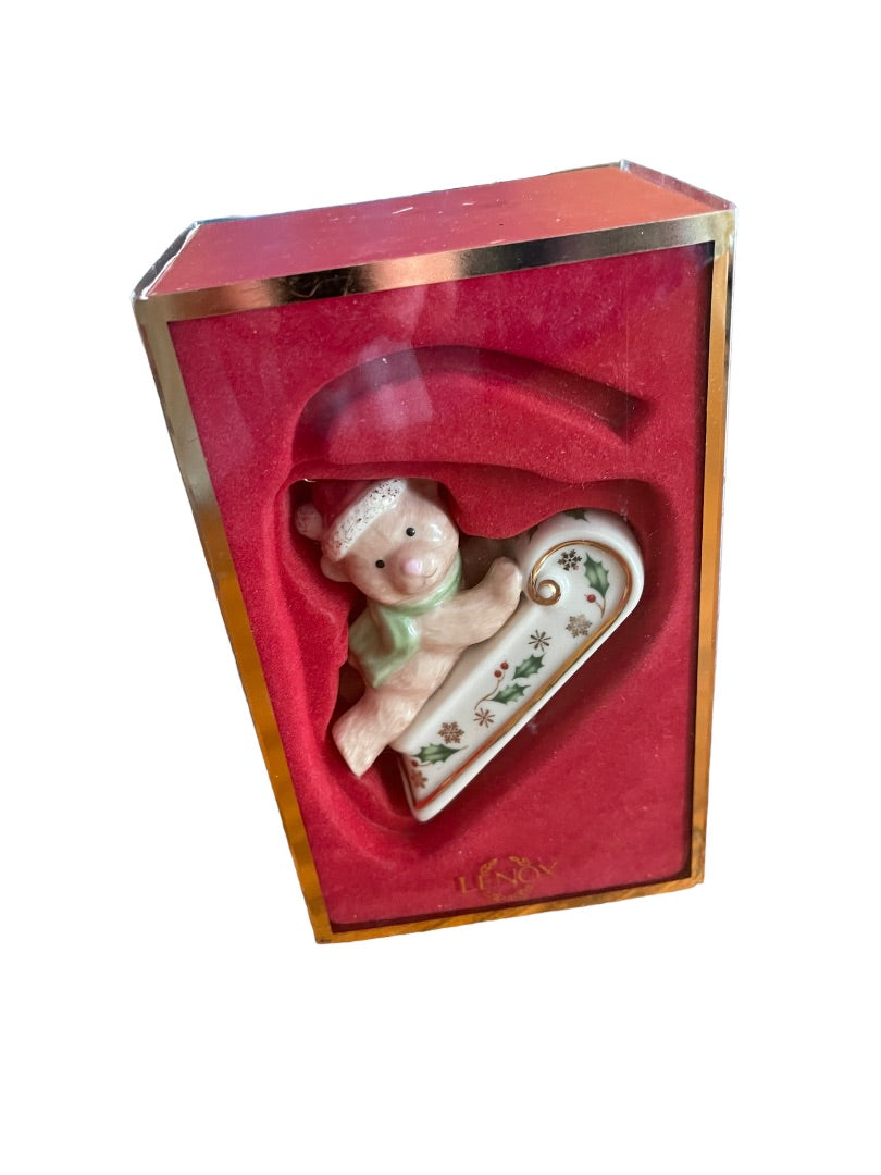Lenox Sleightime Teddy Bear Sled Ride Holly Ornament Boxed Porcelain