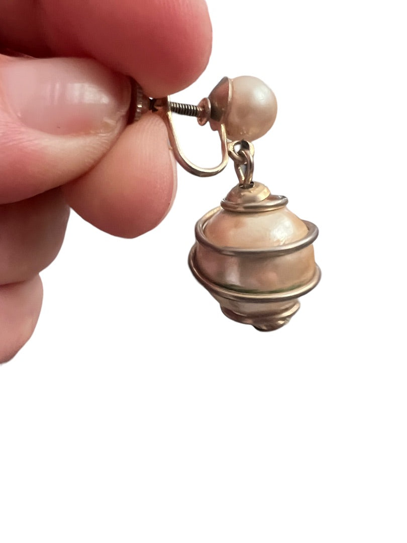 Faux Pearl Dangle Earrings Vintage Metal Coiled 1.5" Drop