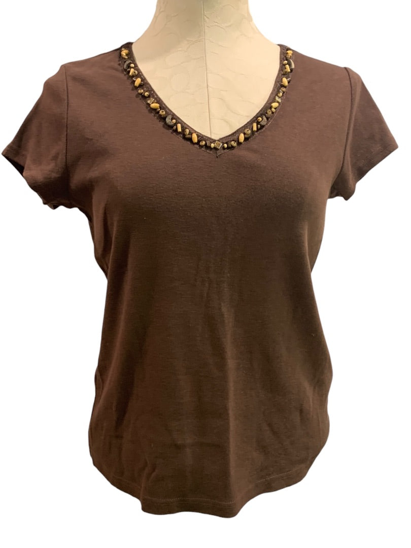 Small First Issue by Liz Claiborne Women's Brown T-shirt Wooden Beaded Neckline