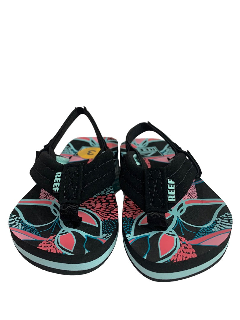 Size 3 (3/4) Kids Reef Little Ahi Sandals Flip Flops Back Strap Black Pink