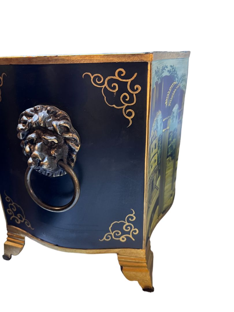 Hand Painted Metal Tole Lion Head Handle Planter Footed By Lotus Arts