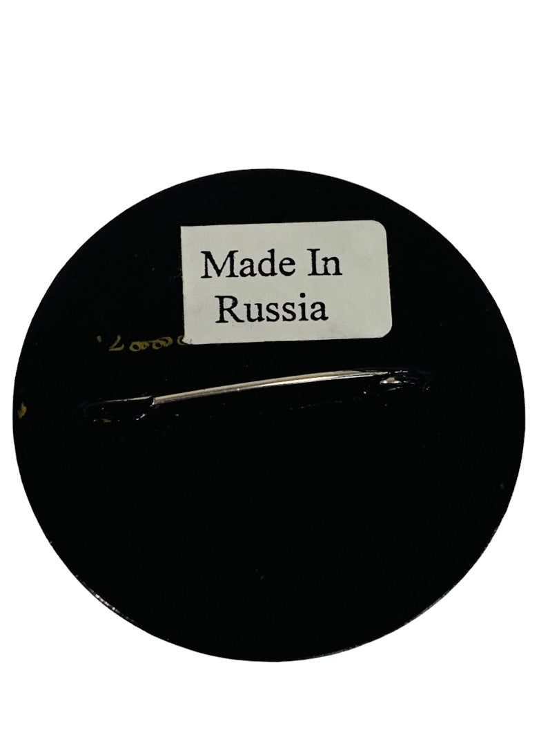 Signed Vintage Russian Lacquer Brooch Pin Hand-painted Flowers 2" Diameter