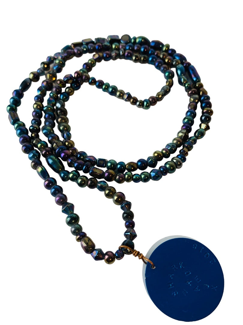 Beaded Necklace Dark Purple Blue Beads Blue Medallion "Sharknadeaux 2018" 27" No Clasp