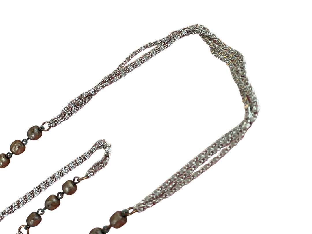Vintage 55" Three Strand Beaded Necklace Silver Tone Chain Champagne Beads