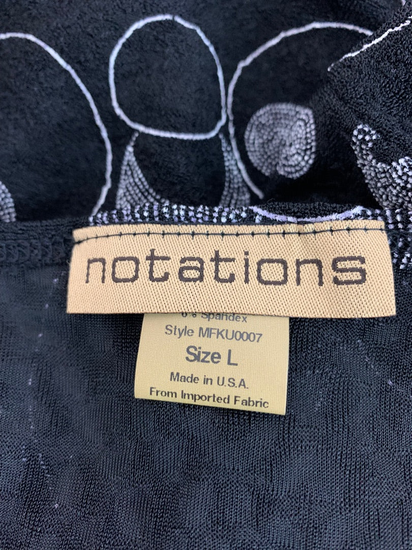 Large Notations Travel Knit Women's Black Pullover Top 3/4 Sleeve Circle Pattern Y2K