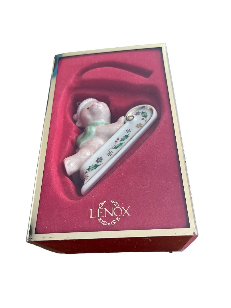 Lenox Sleightime Teddy Bear Sled Ride Holly Ornament Boxed Porcelain