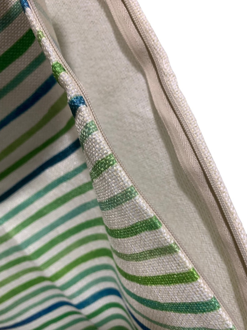 Set of 2 Pillow Covers Burlap Style Green Blue Striped 16" Square Zip Closure