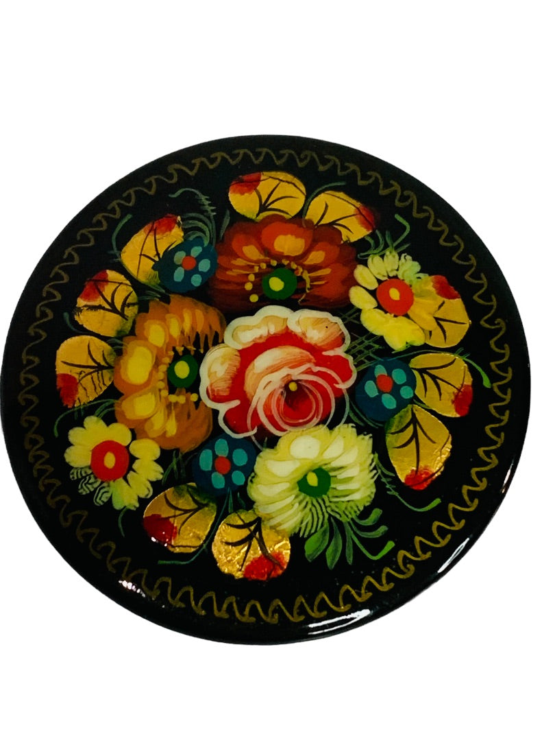 Signed Vintage Russian Lacquer Brooch Pin Hand-painted Flowers 2" Diameter