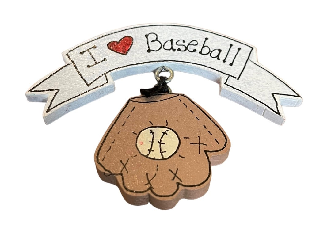 I Love Baseball Hand Painted Pin Glove and Ball Pendant Wooden
