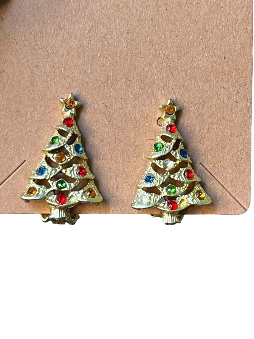 Vintage Christmas Tree Clip On Earrings Goldtone Rhinestone