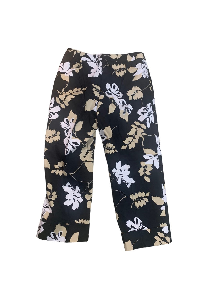 Size 8 Rafaella Women's Crop Pants Black Floral Leaf Print 23" Inseam Cuffed