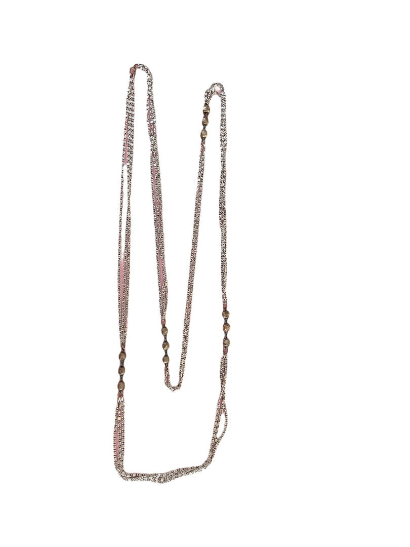 Vintage 55" Three Strand Beaded Necklace Silver Tone Chain Champagne Beads