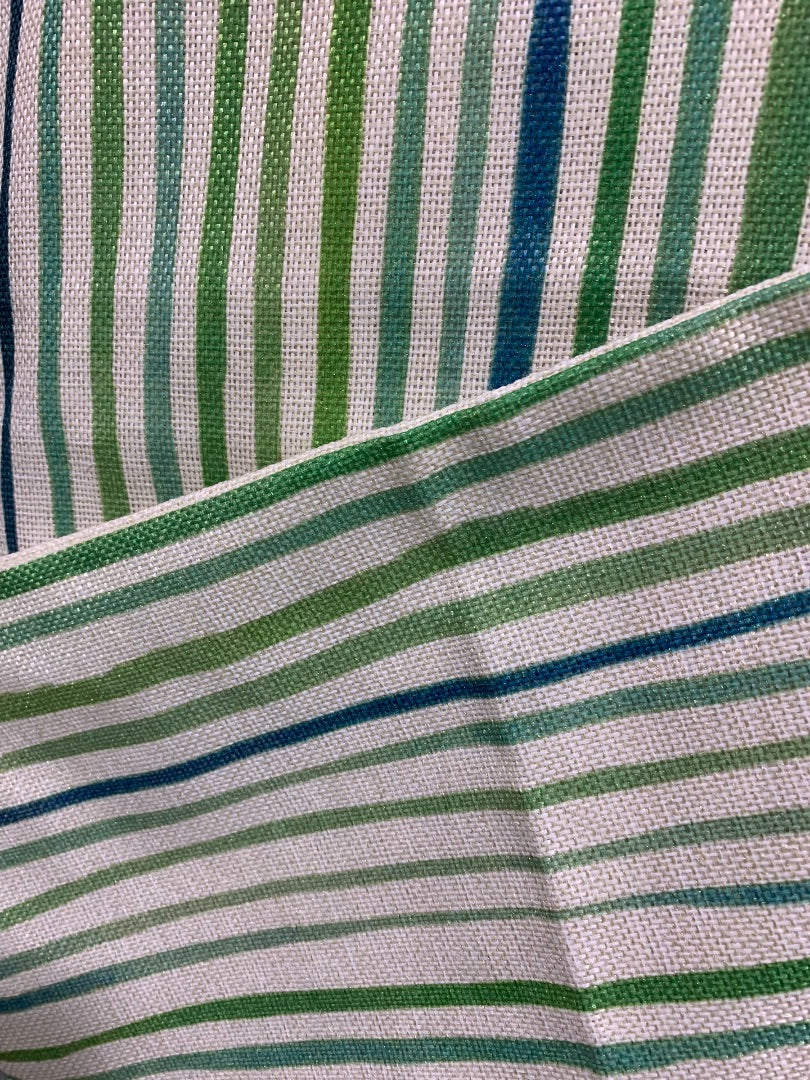 Set of 2 Pillow Covers Burlap Style Green Blue Striped 16" Square Zip Closure