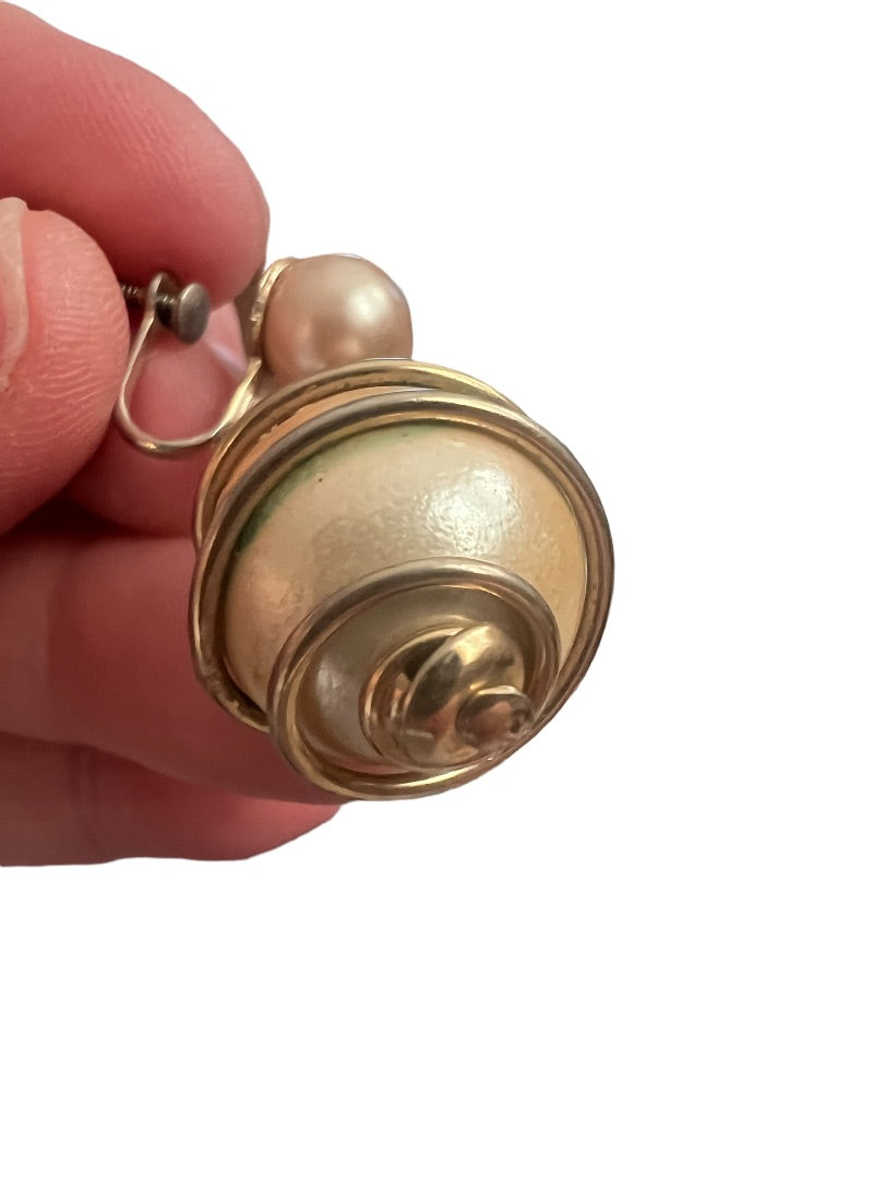 Faux Pearl Dangle Earrings Vintage Metal Coiled 1.5" Drop