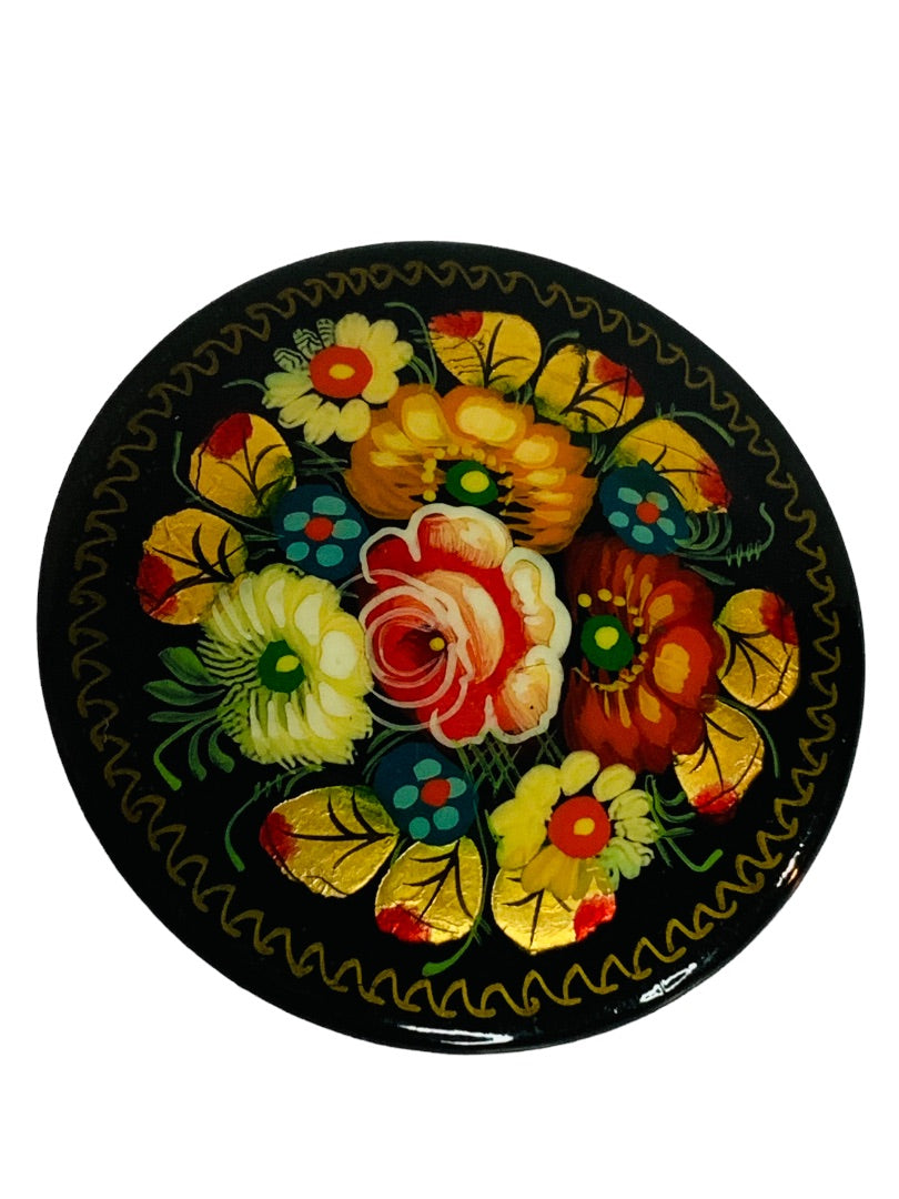 Signed Vintage Russian Lacquer Brooch Pin Hand-painted Flowers 2" Diameter