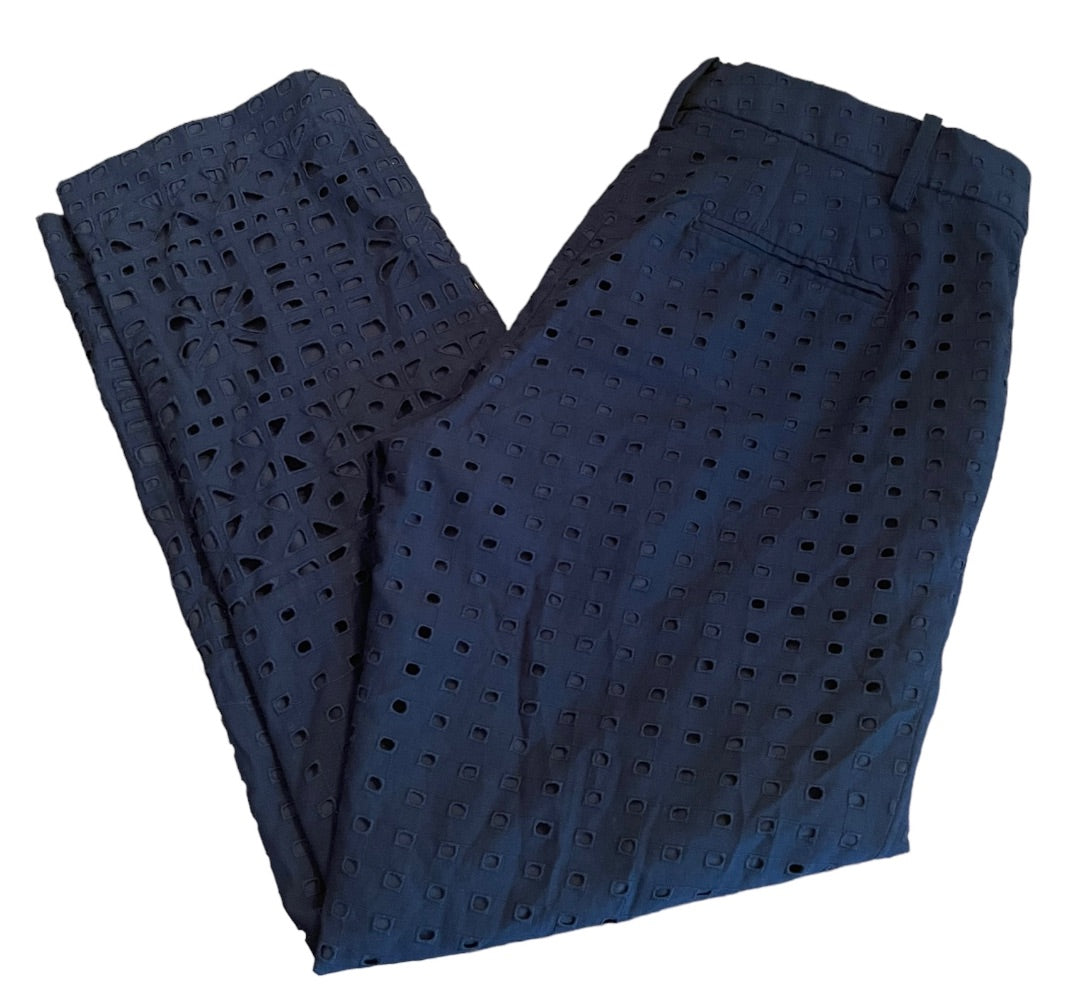 0P Ann Taylor Petites The Ankle Mid Rise Slim Leg Ankle Pants Eyelet Lined Womens Pants Navy