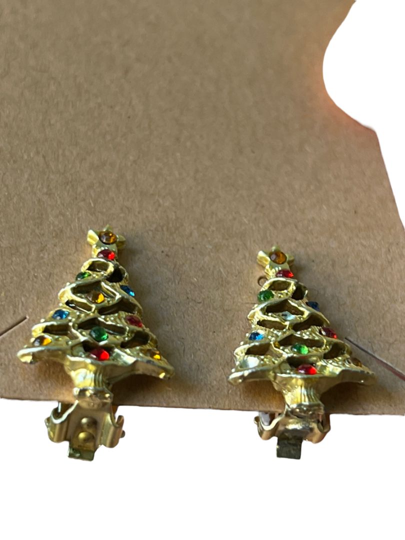 Vintage Christmas Tree Clip On Earrings Goldtone Rhinestone