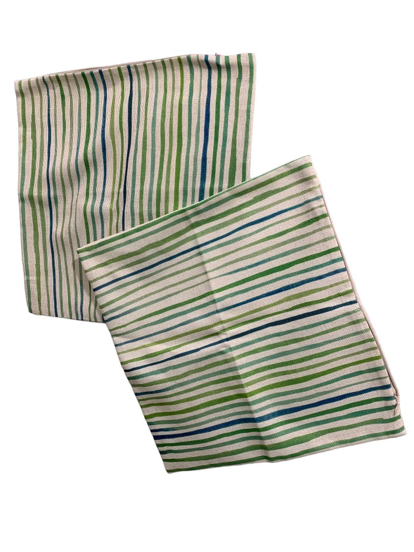 Set of 2 Pillow Covers Burlap Style Green Blue Striped 16" Square Zip Closure