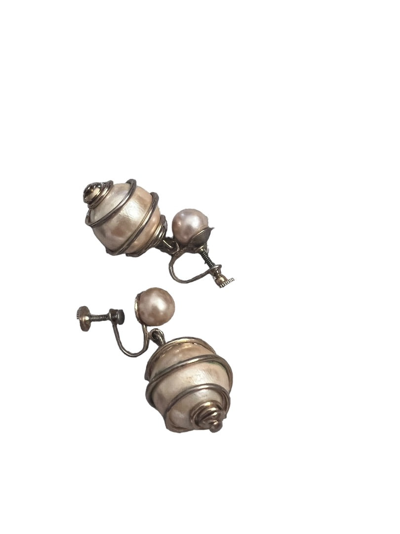 Faux Pearl Dangle Earrings Vintage Metal Coiled 1.5" Drop
