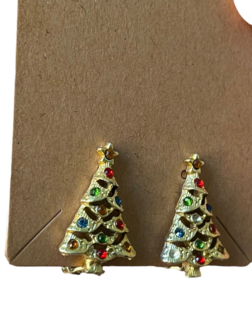 Vintage Christmas Tree Clip On Earrings Goldtone Rhinestone
