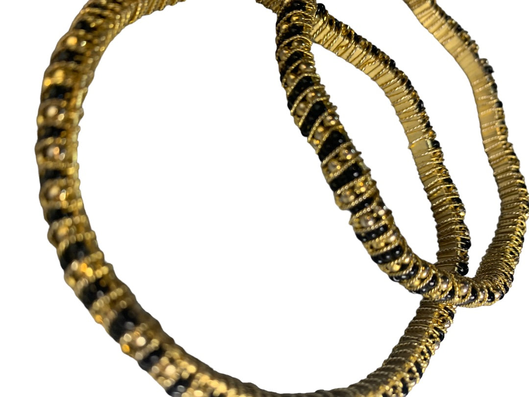 Set of 2 Goldtone and Black Beaded Wrapped Bangle Bracelet 2.5" Diameter