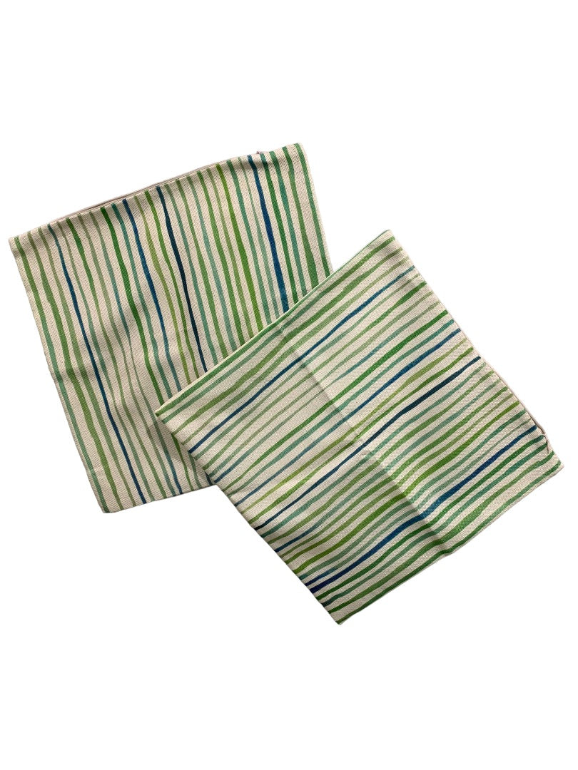 Set of 2 Pillow Covers Burlap Style Green Blue Striped 16" Square Zip Closure