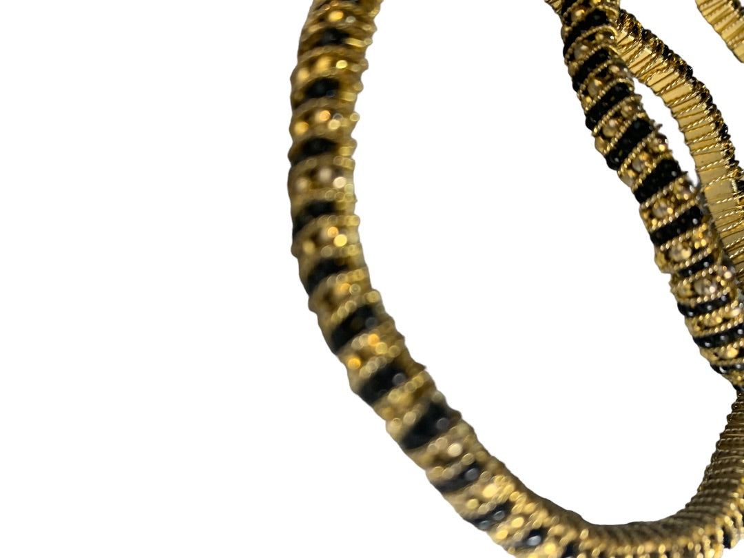 Set of 2 Goldtone and Black Beaded Wrapped Bangle Bracelet 2.5" Diameter