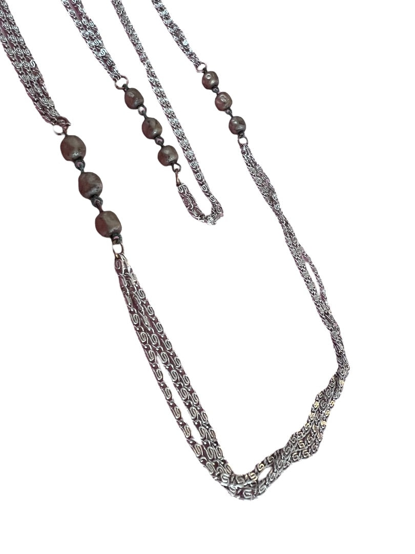 Vintage 55" Three Strand Beaded Necklace Silver Tone Chain Champagne Beads