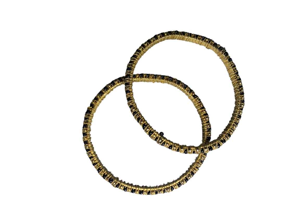 Set of 2 Goldtone and Black Beaded Wrapped Bangle Bracelet 2.5" Diameter