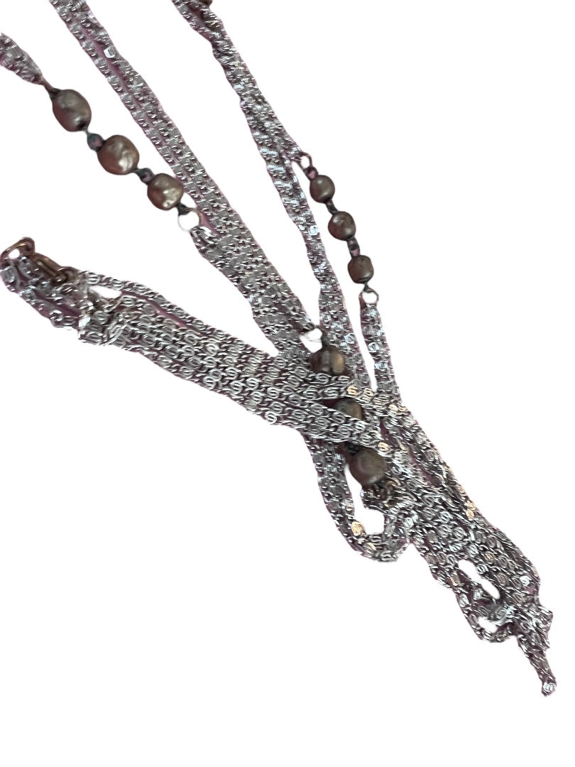 Vintage 55" Three Strand Beaded Necklace Silver Tone Chain Champagne Beads