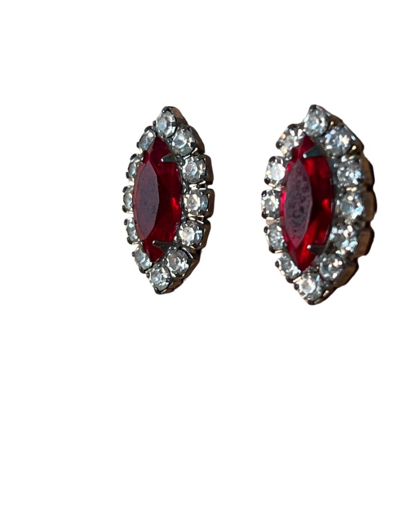 Vintage Red Clear Rhinestone Formal Evening Stud Earrings