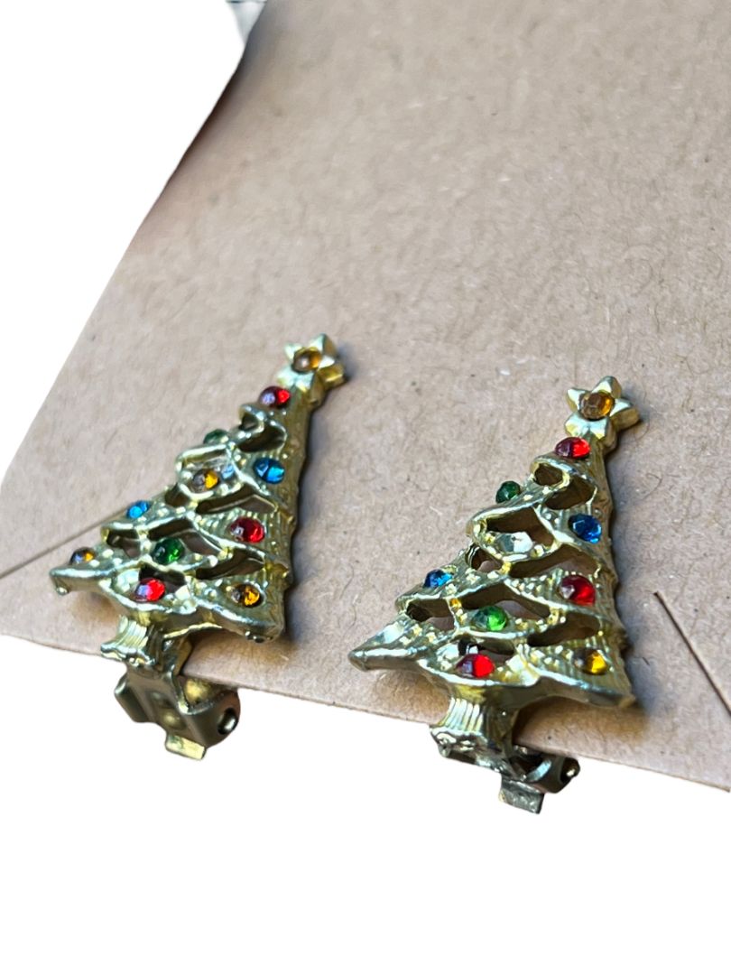 Vintage Christmas Tree Clip On Earrings Goldtone Rhinestone
