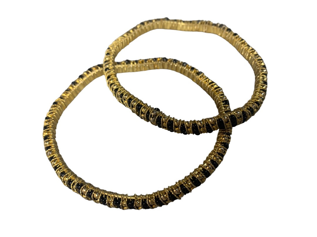 Set of 2 Goldtone and Black Beaded Wrapped Bangle Bracelet 2.5" Diameter