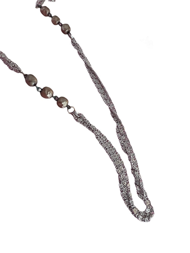 Vintage 55" Three Strand Beaded Necklace Silver Tone Chain Champagne Beads