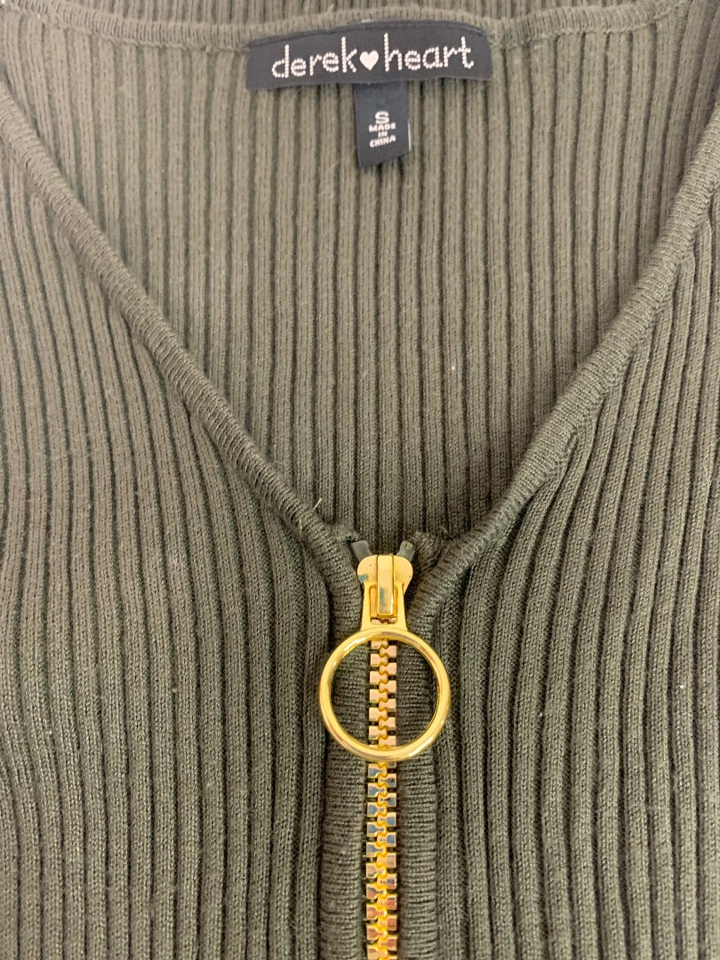 Small Derek Heart Junior Women's Army Green Ribbed Sweater Dress V-Neck